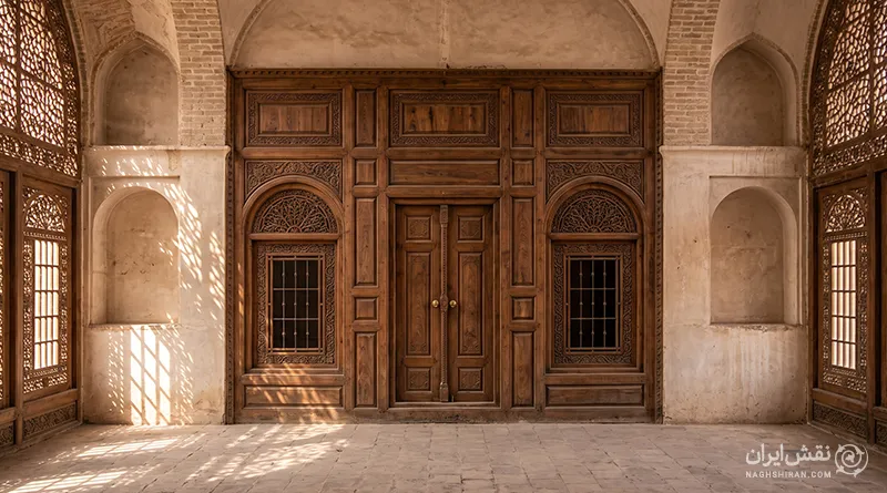 نقوش منبت‌کاری در درها، پنجره‌ها و عناصر معماری